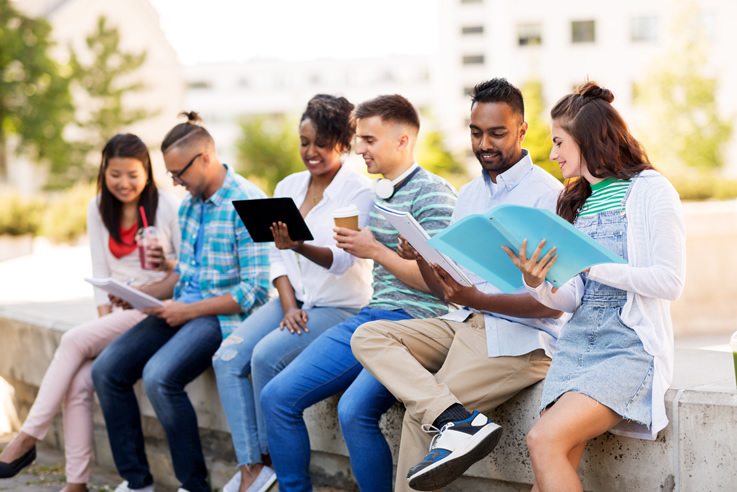 Group of students gather together outside discussing class