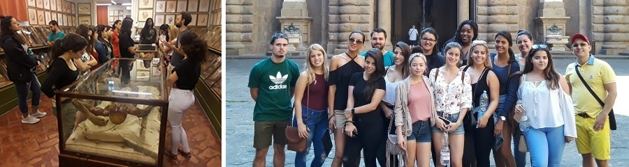 Collage of photos showing student posing for a photo in Florence, Italy and visiting a museum
