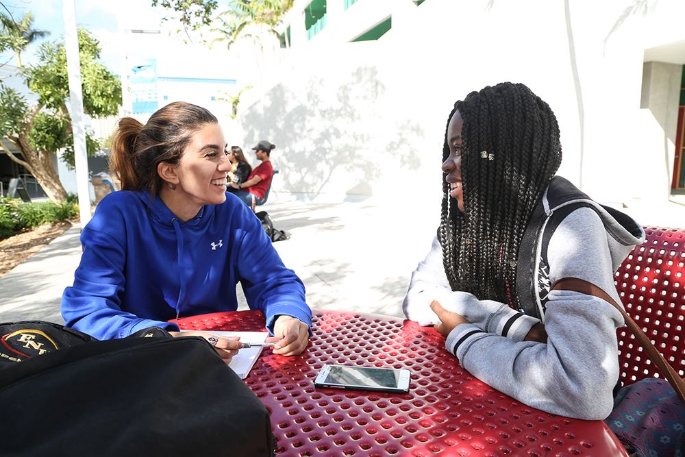 Two students sitting outside having a conversation