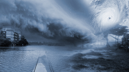 Image of a hurricane over palm trees and buildings